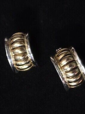 Vintage Napier Two Tone Ribbed Clip On Earrings Gold Silver Chunky Signed 90s